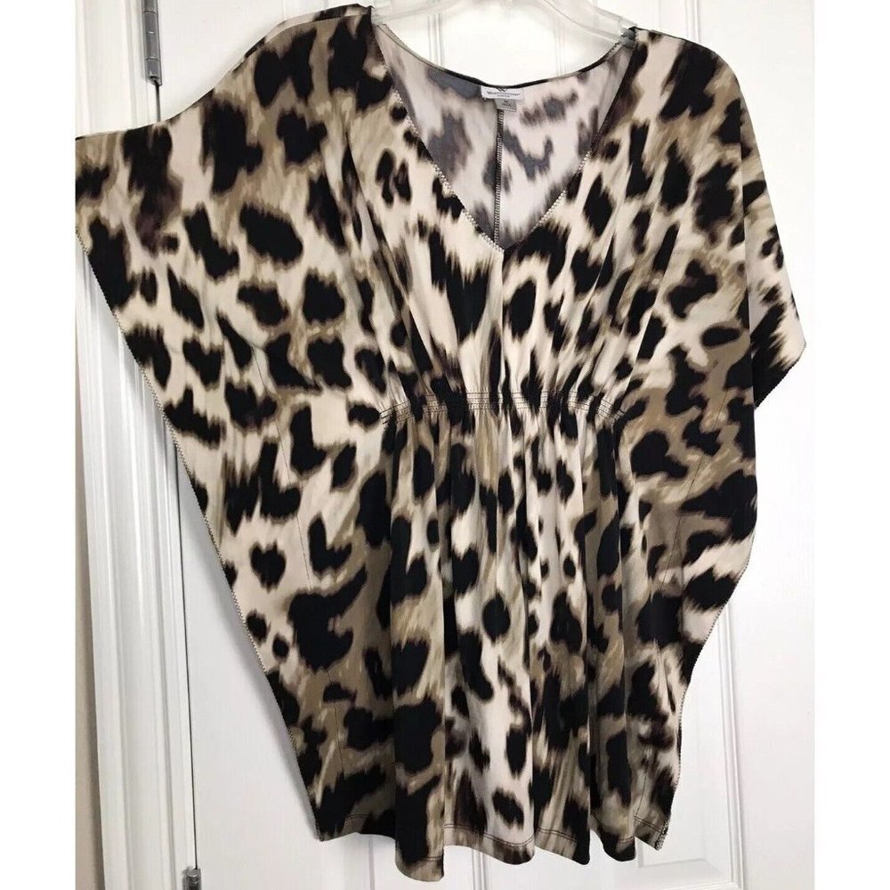 Worthington Women's Medium Leopard Print Pancho Style Top Stretch Gathered Waist - Picture 2 of 9